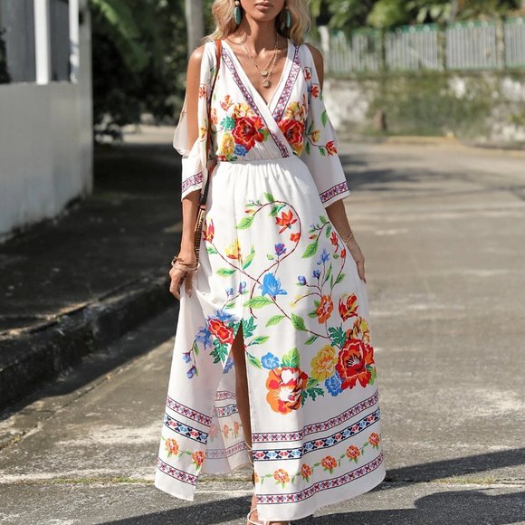 White Floral Print Cold Shoulder Maxi Dress - Picture 4 of 5